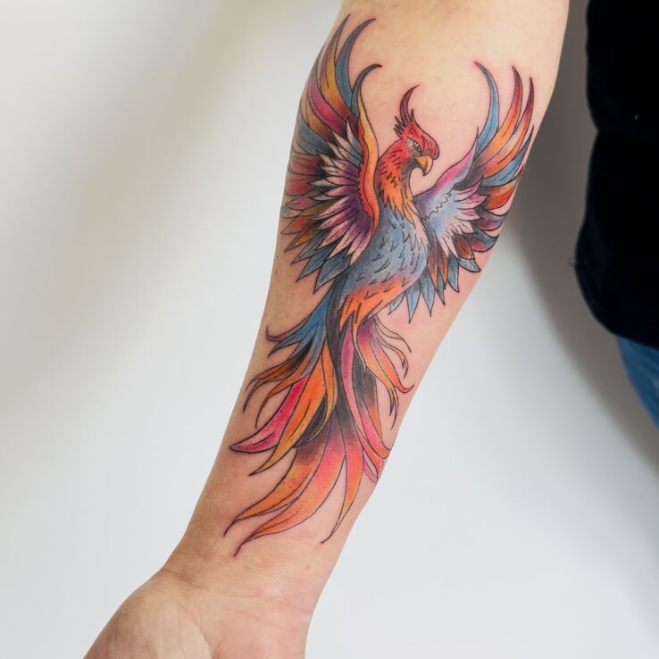 Tattoo Colorful Phoenix in colorful motif and graphic / illustrative style on the forearm