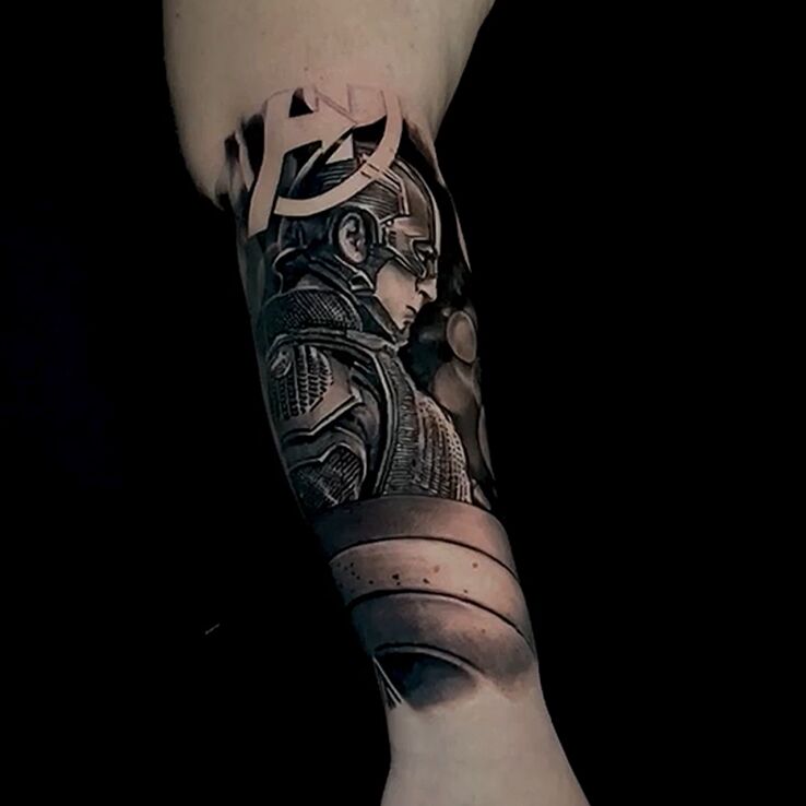 Tattoo Captain america sleeve beginning forearm in characters motif and realistic style on the forearm