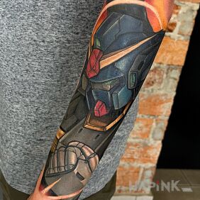 Tattoo Gundam on the forearm motif: colorful style: graphic / illustrative
