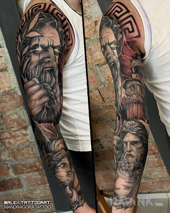 Tattoo Greek sleeve in faces motif and realistic style on the upper arm