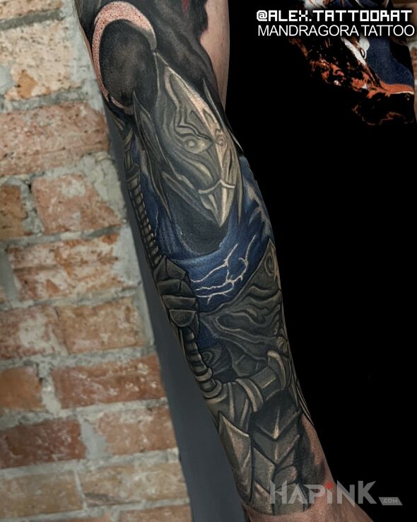 Tattoo Dark Souls Artorias in dark motif and realistic style on the forearm
