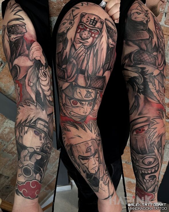 Tattoo Naruto sleeve in black and gray motif and cartoon / comic book style on the upper arm