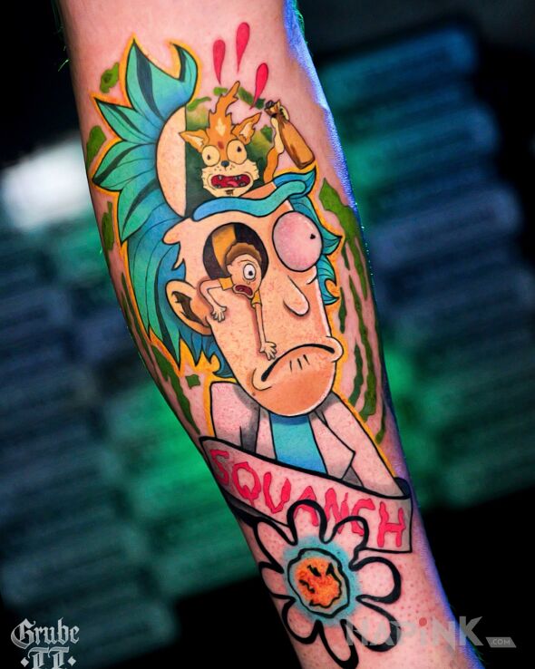 Tattoo Rick & Morty in funny motif and newschool style on the forearm
