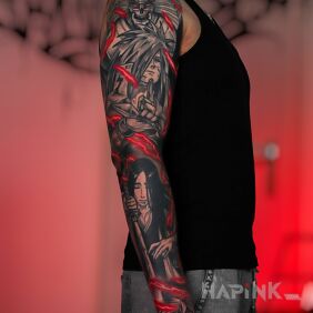 Tattoo Jujutsu Kaisen anime sleeve on the upper arm motif: dark style: graphic / illustrative