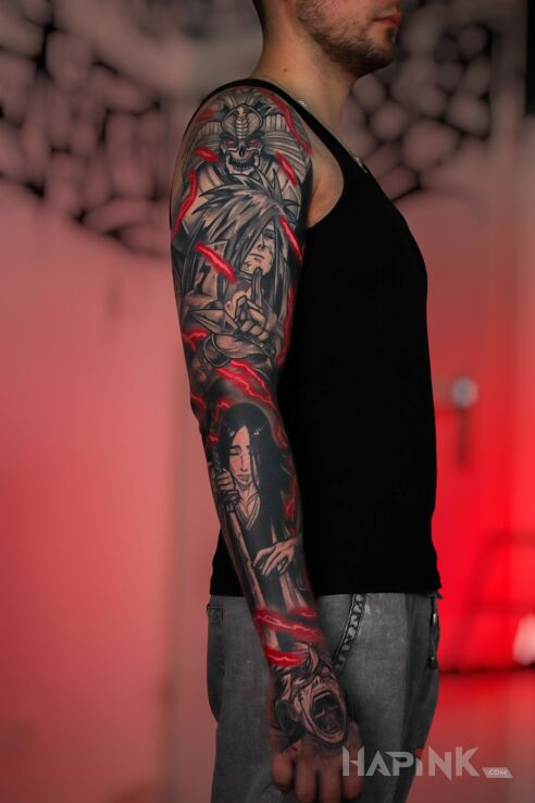 Tattoo Jujutsu Kaisen anime sleeve in dark motif and graphic / illustrative style on the forearm