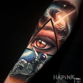 Tattoo Space theme with astronaut On the arm motif: cosmos style: realistic