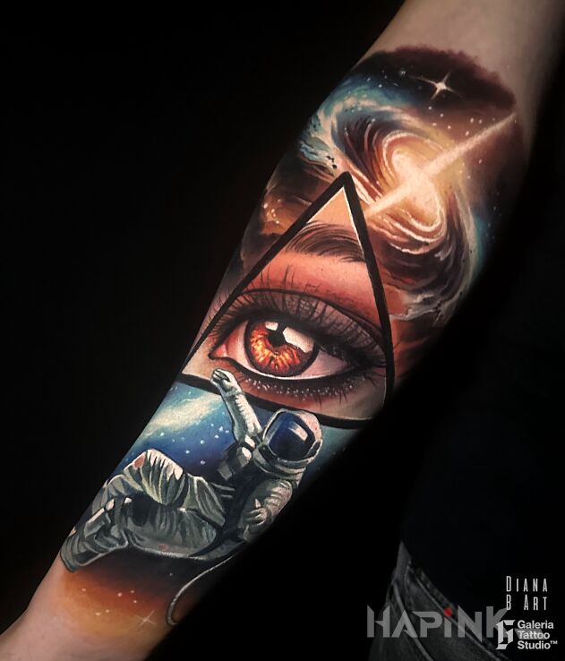 Tattoo Space theme with astronaut in 3D motif and realistic style On the arm