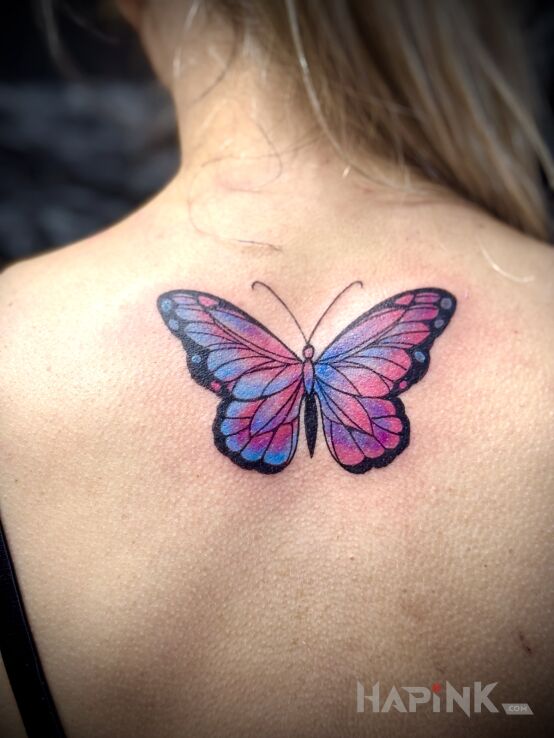 Tattoo Colorful butterfly in butterflies motif and graphic / illustrative style on the back
