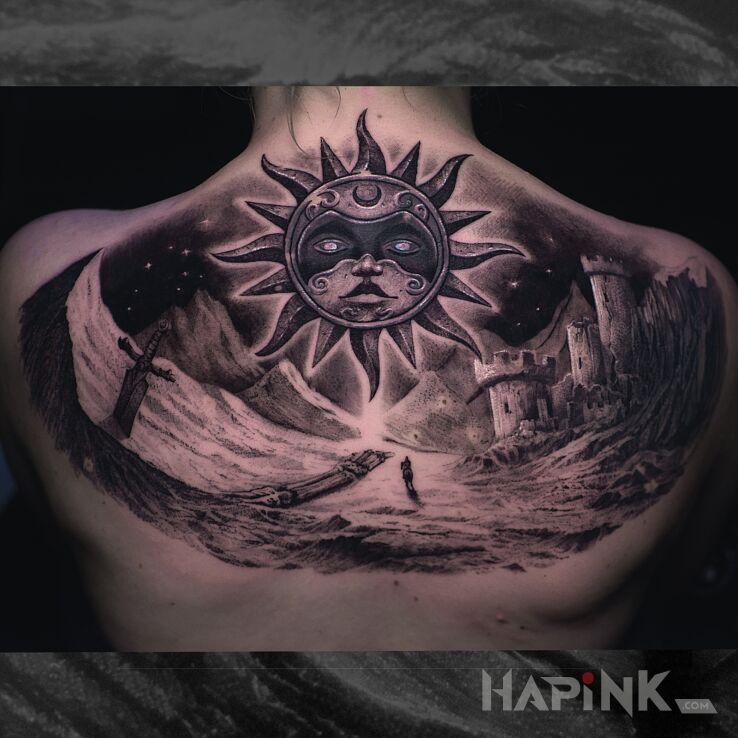 Tattoo Mystic Fantasy cover in religious motif and graphic / illustrative style on the shoulder blades