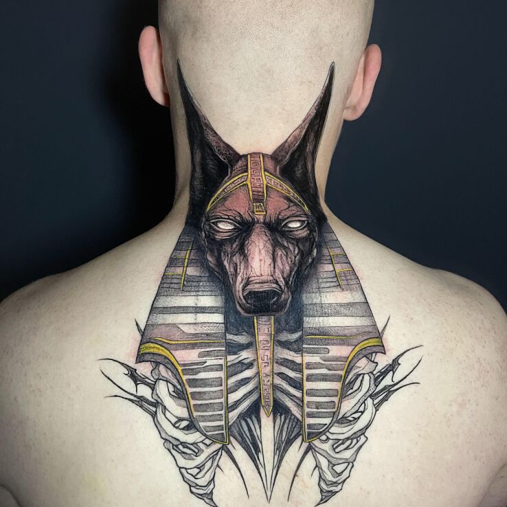 Tattoo Anubis neck back in colorful motif and graphic / illustrative style on the back
