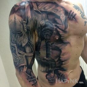 Tattoo Warrior on the stomach motif: 3D style: realistic