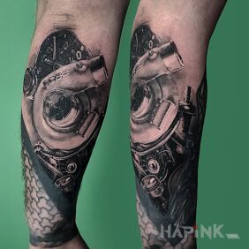 Tattoo Engine Parts On the arm motif: motorization style: realistic