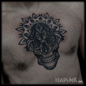 Tattoo Santa Muerte in mandala on the chest motif: mandalas style: graphic / illustrative