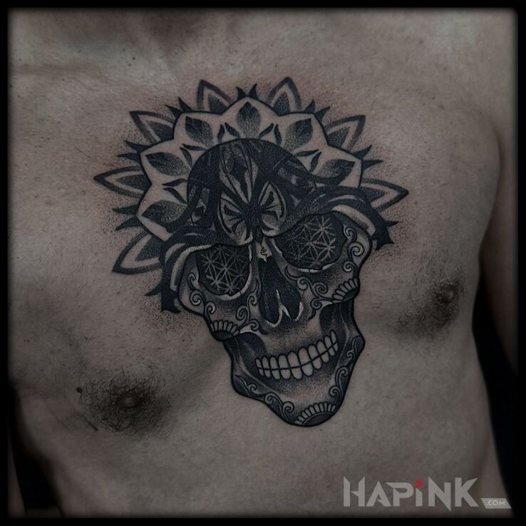 Tattoo Santa Muerte in mandala in black and gray motif and graphic / illustrative style on the chest