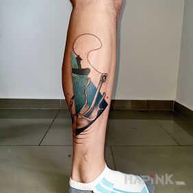 Tattoo Angler on a boat on the leg motif: other style: graphic / illustrative