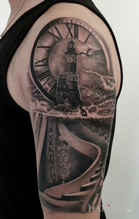 Tattoo A beacon of time in dark motif and realistic style On the arm