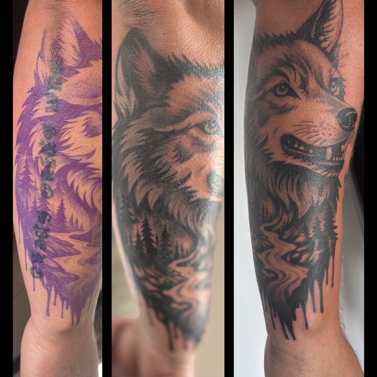 Tattoo Cover lettering in cover-up motif and realistic style on the forearm