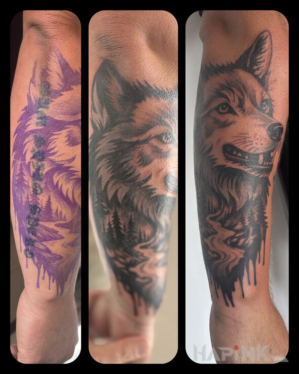 Tattoo Cover lettering in cover-up motif and realistic style on the forearm