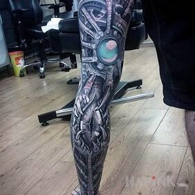 Tattoo Mechanical leg on the calf motif: sleeves style: biomechanics