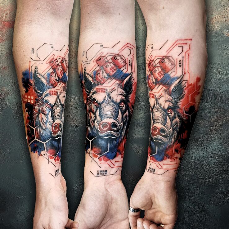 Tattoo 🐗⚡ THE WILD SPIRIT OF TECHNOLOGY ⚡🐗 in animals motif and graphic / illustrative style on the forearm