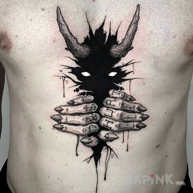 Tattoo Devil inside you on the stomach motif: demons style: blackwork / blackout