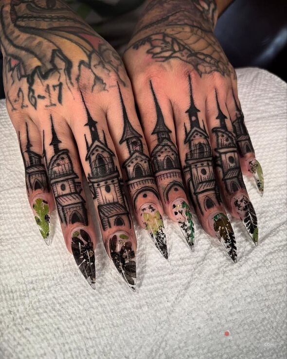 Tattoo Finger towers in black and gray motif and graphic / illustrative style on the fingers