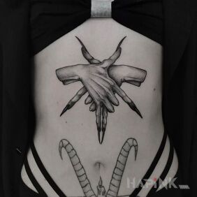 Tattoo Pentagram arranged with fingers on the stomach motif: black and gray style: realistic
