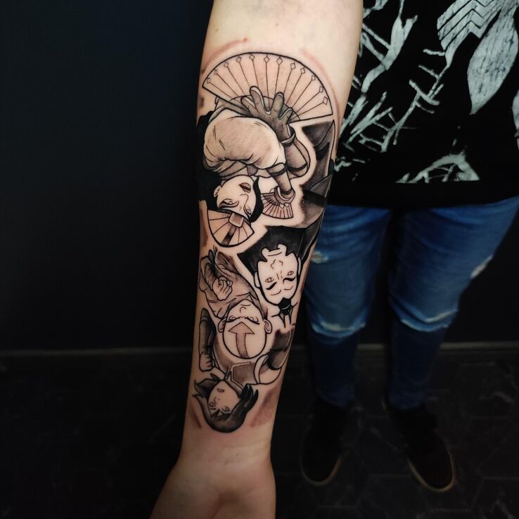 Tattoo Anime characters avatar forearm in characters motif and cartoon / comic book style On the arm