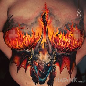 Tattoo Dragon in flames underboob motif: colorful style: realistic