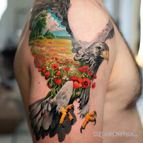 Tatuaż Sielanka uchwycona w orlim ciele na ramieniu motyw: natura styl: realistyczne