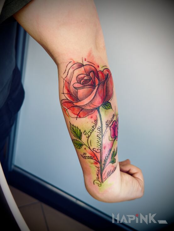 Tattoo Family roses in flowers motif and Watercolor style on the forearm