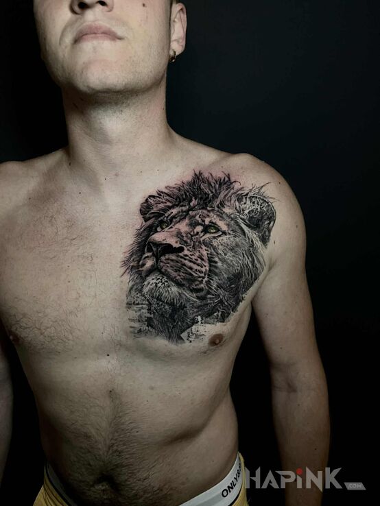 Tattoo Lion on the cage in zodiac signs motif and realistic style on the chest