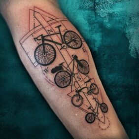 Tattoo 🎾♂️🚴 My Life in Lines! 🚴‍♂️🎾 ✨ Tattoo-History! ✨ on the calf motif: black and gray style: graphic / illustrative