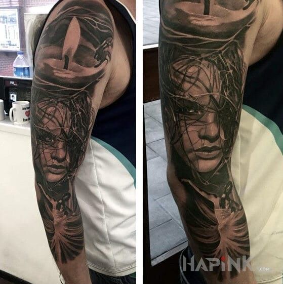 Tattoo Tancerka in sleeves motif and realistic style on the upper arm