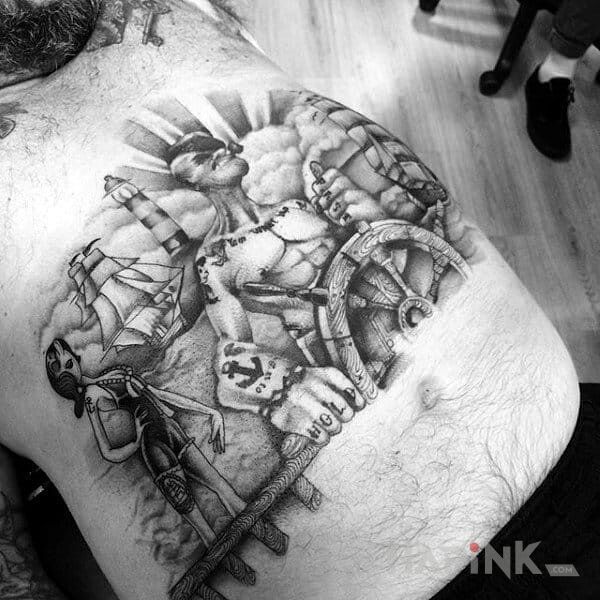 Tattoo Popeye in characters motif on the stomach