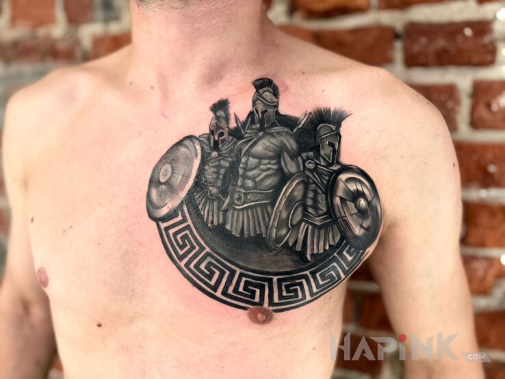 Tattoo Portrait Cover in war motif and calligraphy style on the chest