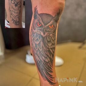 Tattoo Owl as a cover-up on the shin on the leg motif: cover-up style: realistic