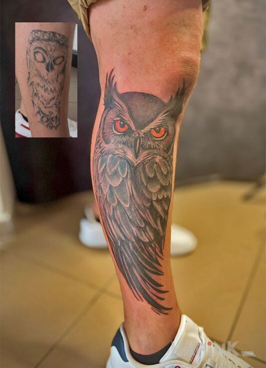Tattoo Owl as a cover-up on the shin in animals motif and realistic style on the calf