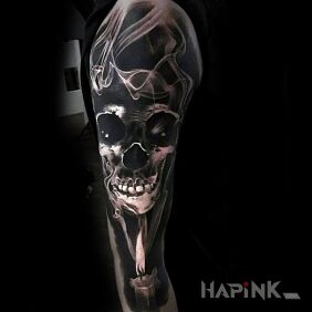Tattoo Skull in smoke on the forearm motif: 3D style: realistic