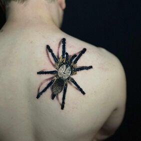 Tatuaż Realistyczny trójwymiarowy pająk na plecach motyw: 3D styl: realistyczne