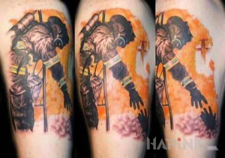 Tattoo Firefighter in characters motif on the upper arm