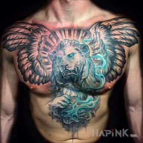 Tattoo Winged lion on the chest motif: animals