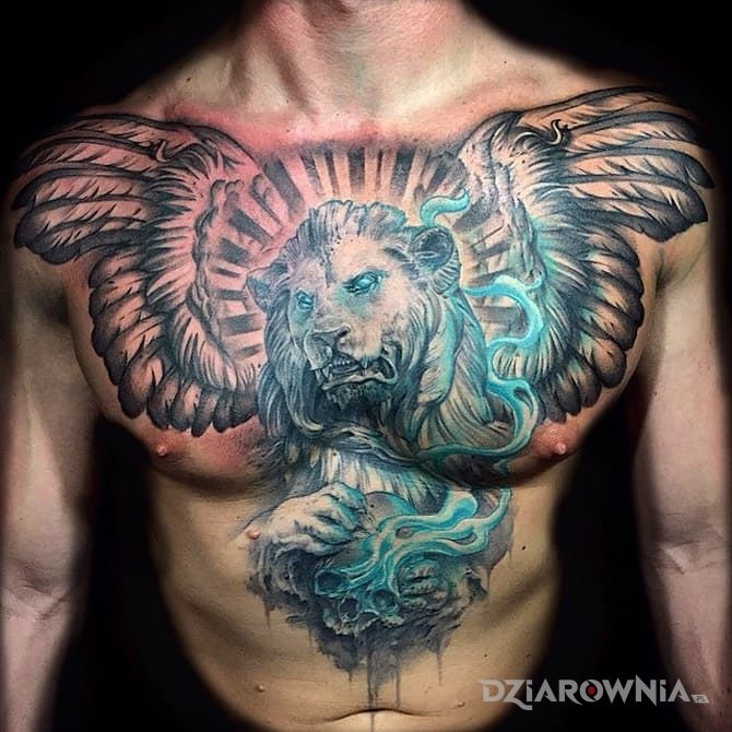 Tatuaż skrzydlaty lew w motywie zwierzęta na brzuchu