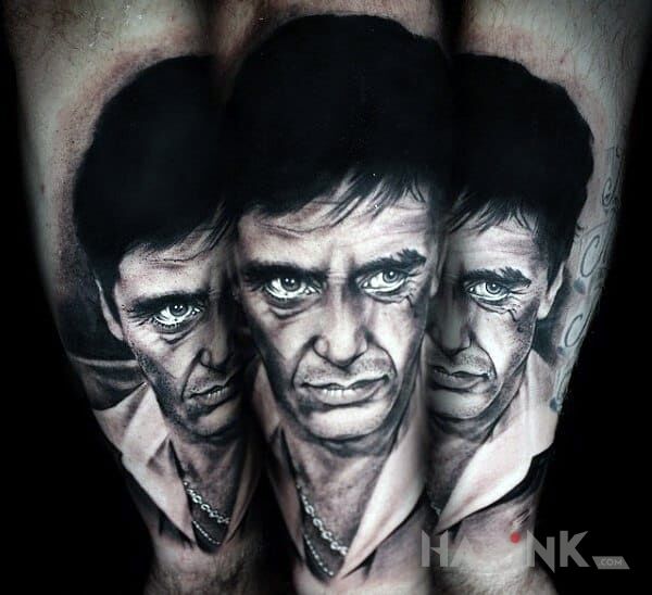 Tattoo Tonny montana in faces motif and realistic style on the forearm