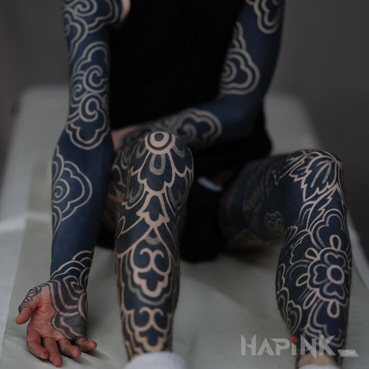 Tattoo Black on smooth in black and gray motif and blackwork / blackout style On the arm