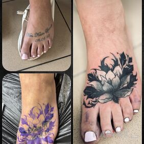 Tattoo Foot script cover-up on the foot motif: flowers style: graphic / illustrative