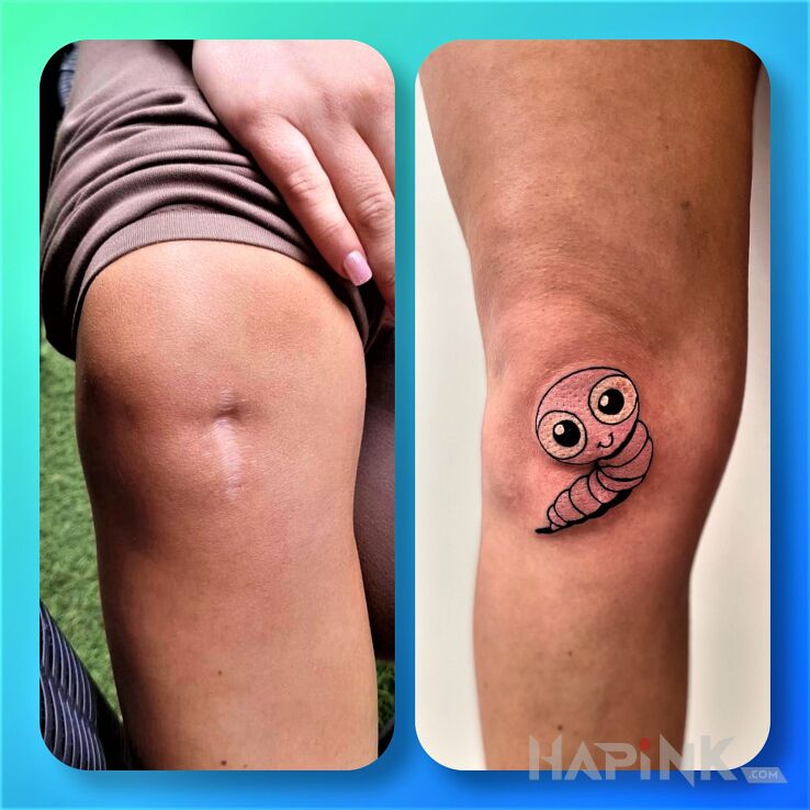 Tattoo Covering a scar on the knee in cartoon / comic book style on the knee