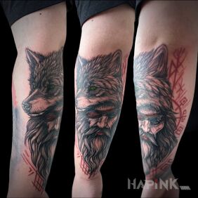 Tattoo Odin with Wolf On the arm motif: animals style: realistic