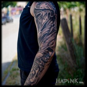 Tattoo Spartan and miner's lamp on the forearm motif: objects style: realistic