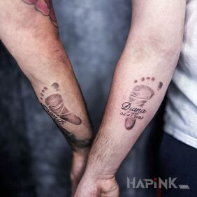 Tattoo Diana's First Steps Immortalized on Dad's and Grandpa's Hands on the forearm motif: Love style: graphic / illustrative